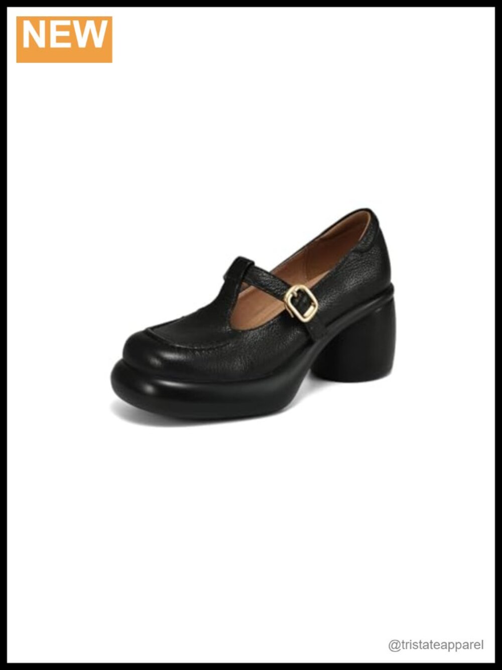 T-Strap Pumps Genuine Leather Block Heel Round Toe Slip On